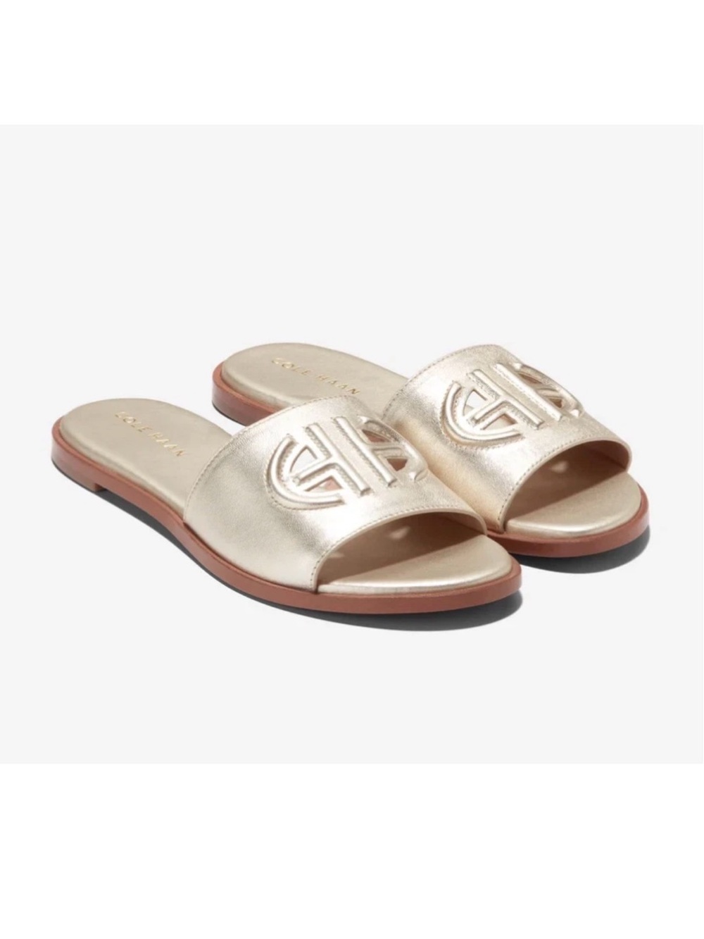 Cole Haan Women's Size 7 Gold Leather Flynn Logo Slide Sandals